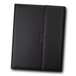 A black portfolio with a smooth finish, featuring a flap closure and a side pocket. It has a logo on the front.