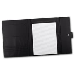 A black portfolio featuring an interior with pockets and a lined notepad. It has a button closure and smooth finish.