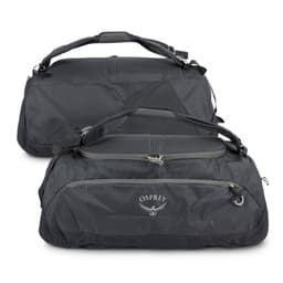 A black duffle bag with two handles and a zippered compartment, featuring a logo.