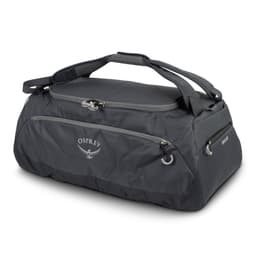 A black duffle bag with dual handles and a logo. Features an external pocket and a durable design.