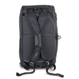 A black duffle bag with adjustable straps and a textured surface, featuring a logo.