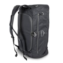A grey duffle bag featuring shoulder straps and a logo, designed for versatile storage and transport.