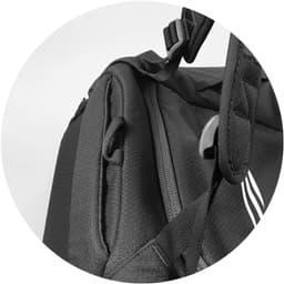 A black duffle bag featuring textured fabric and adjustable straps, with a logo present.
