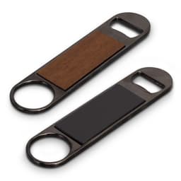A drink bottle opener featuring a metallic finish with a wooden or black accent. Includes a logo.
