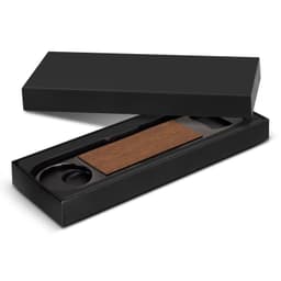 A drink bottle opener with a wooden handle, presented in a sleek black box. The box is partially open.