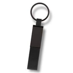 A black key ring with a sleek, rectangular design and a circular attachment loop.
