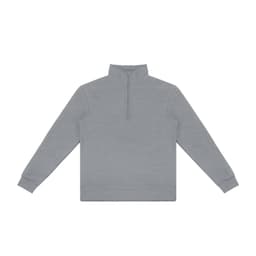 A grey unisex quarter zip jumper with long sleeves and a high collar. It features a central zip and ribbed cuffs.