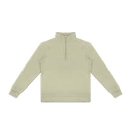 A light green unisex quarter zip jumper with long sleeves and a zip detail at the neck. It features a logo.