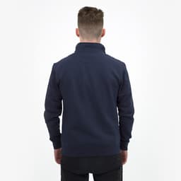 A unisex quarter zip jumper in navy blue, featuring a simple design and a collar, with a logo on the back.