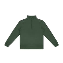A green unisex quarter zip jumper with a high collar and long sleeves, featuring a logo.