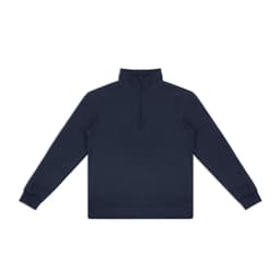 A navy blue unisex quarter zip jumper with long sleeves and a high collar. It features a logo.