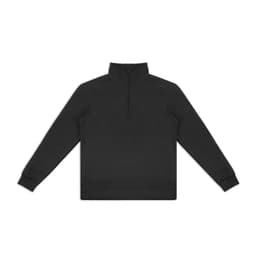 A black unisex jumper featuring a quarter zip and a high collar. The design includes a branding logo.