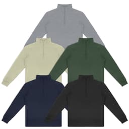 A collection of five unisex quarter zip jumpers in grey, cream, green, navy, and black, featuring a logo.
