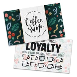 A loyalty card featuring vibrant colours, a coffee shop theme, and a decorative design with assorted patterns.