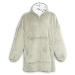 A soft, light green blanket hoodie featuring a large front pocket and a cosy, lined hood. It has a branding logo.