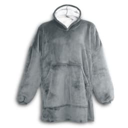 A grey fleece blanket hoodie with a large front pocket and a hood, featuring a soft interior lining.
