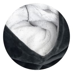A soft, grey blanket hoodie with a plush white interior, featuring a seamless design and a logo.