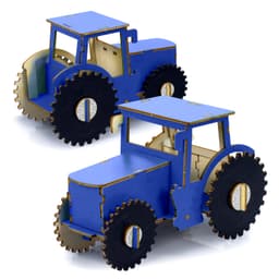 A wooden model of a blue tractor with black wheels, featuring a simple design and a visible internal structure.