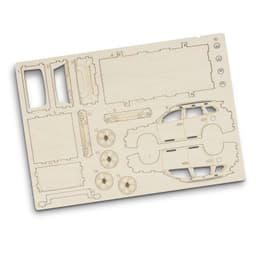 A wooden model sheet featuring parts to assemble a SUV, including car body and wheels, in a light coloured finish.