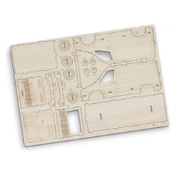 A wooden model kit of a van, featuring cutout parts for assembly. The kit includes various detailed components.