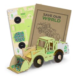 A wooden model of a wheel loader in green, with pieces laid out and a cardboard folder featuring eco-themed graphics.