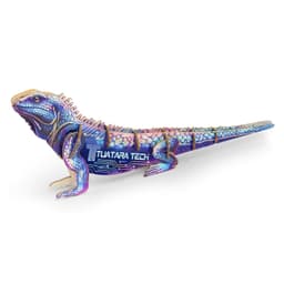 A colourful, wooden model of a tuatara lizard featuring intricate designs and a logo.