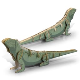 A wooden model of a tuatara, featuring green and natural wood colours, with intricate details and a logo.