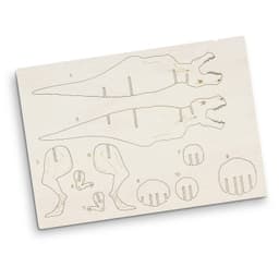 A wooden model kit featuring a Tyrannosaurus Rex with cut-out pieces, ready for assembly. The model is light timber in colour.