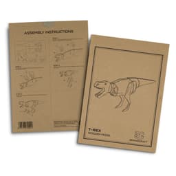 Assembly instructions for a T-Rex wooden model, featuring a brown cardboard background and detailed diagrams.