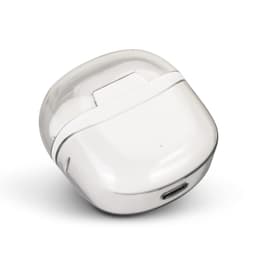 A pair of white Bluetooth earbuds in a translucent charging case with a USB-C port.