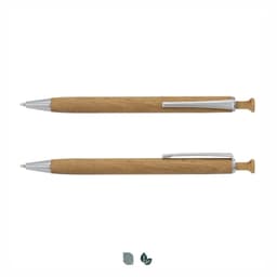 A wooden pen in natural wood colour with a silver clip and accent. Features a logo as part of the design.