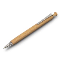 A wooden pen with a sleek silver clip and tip, showcasing a natural wood finish. The pen includes branding.