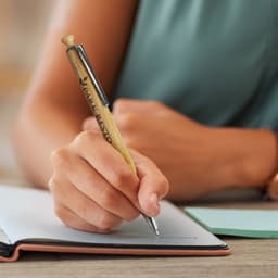 A wooden pen with a sleek gold finish, being held while writing in a notebook. The pen features a branding logo.