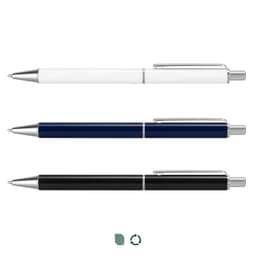 A set of three metal pens in white, navy blue, and black, each featuring a silver clip and detailing.