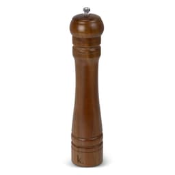 A wooden pepper mill in a warm brown finish, featuring a rounded top and elegant grooves. It has a logo on the base.