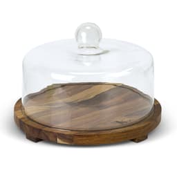 A clear glass cake display dome with a wooden base, featuring a round shape and a glass knob on top.
