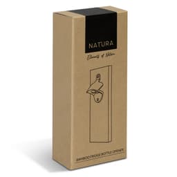 A sleek, natural bamboo fridge bottle opener in a simple, eco-friendly packaging with a logo.