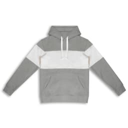 A grey and white unisex hoodie featuring a hood and front pocket, with a branding logo.