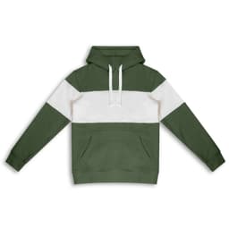 A green and white hoodie featuring a front kangaroo pocket and a hood, with branding on the design.