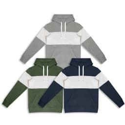 Three unisex hoodies in grey, green, and navy, featuring white horizontal stripes and a front pocket. Each has a logo.