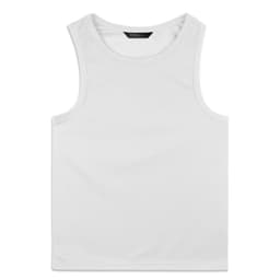 A white men's sports tank top with a simple design and a logo on the label.