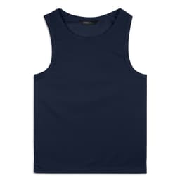 A navy blue men's sports tank top with a simple design and a logo. Ideal for athletic wear.