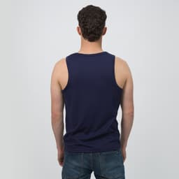 A navy blue men's sports tank top with a plain design and a branded logo, viewed from the back.