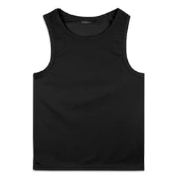 A black men's sports tank top with a smooth texture and a logo on the label.