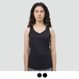 A black women's sports tank top with a scoop neckline and a slim fit, featuring a logo.