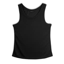 A black women's sports tank top with a classic singlet design and a small logo.