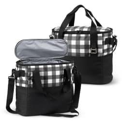 A black and white checked cooler bag with a zippered opening and detachable straps. It features a logo.