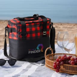A red and black checkered cooler bag sits on a beach blanket, alongside glasses, grapes, and a basket.