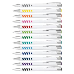 A collection of white barrel pens in various colours, featuring a sleek design and silver accents.