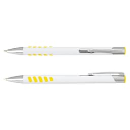 A metal pen with a white barrel and yellow accents, featuring a clip and grip design. It includes a logo.